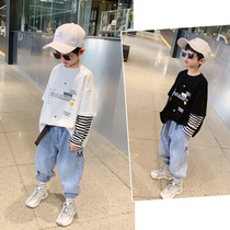  Childrens long-sleeved t-shirt boys fake two-piece Western style tide middle and large childrens spring clothes handsome 2021 new childrens clothing bottoming shirt