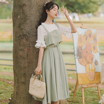 Sweet salt strap dress female summer student lovely Japanese college orange infarction waist and lean French retro dress