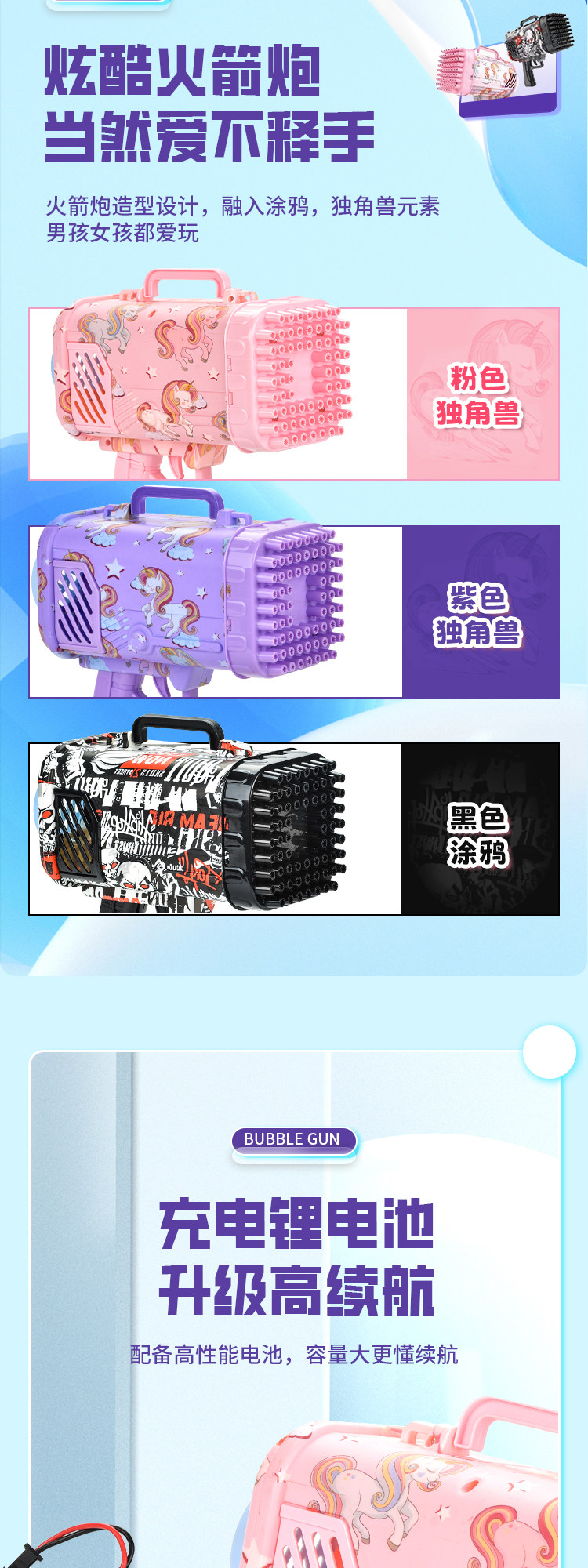 68孔泡泡机火箭 大 筒加特林泡泡枪充电儿童玩具迷彩加特林详情5