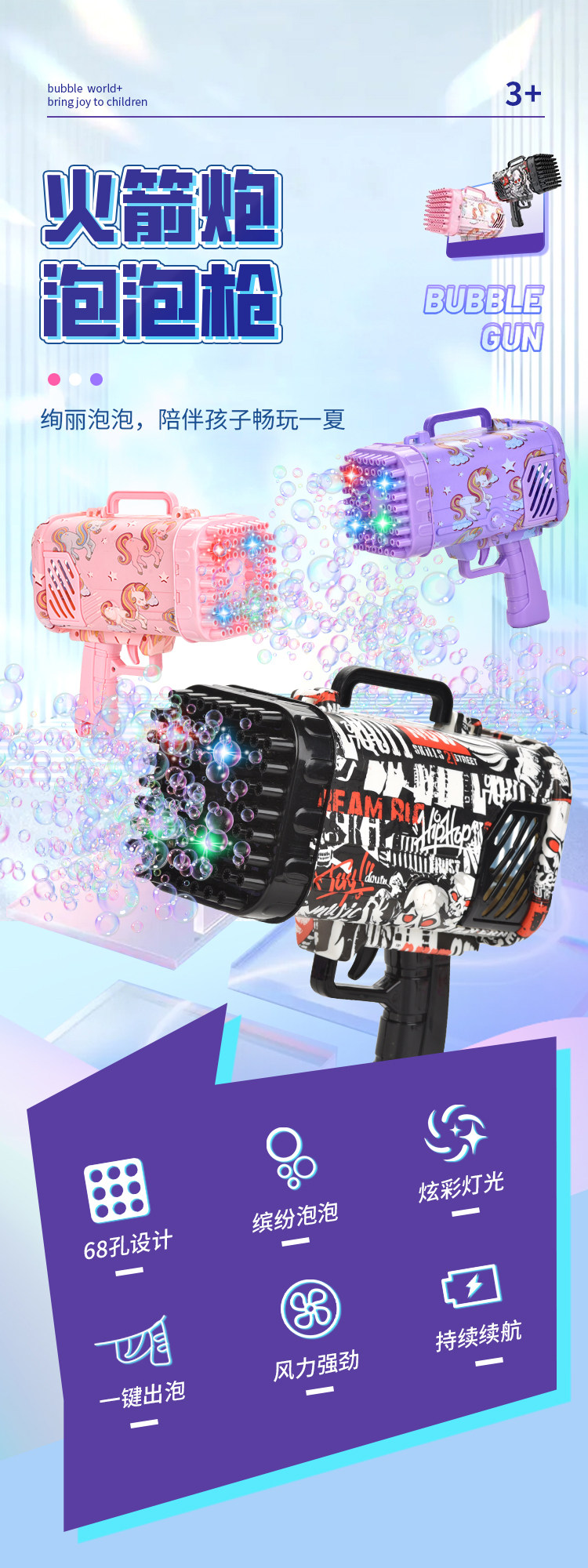 68孔泡泡机火箭 大 筒加特林泡泡枪充电儿童玩具迷彩加特林详情1