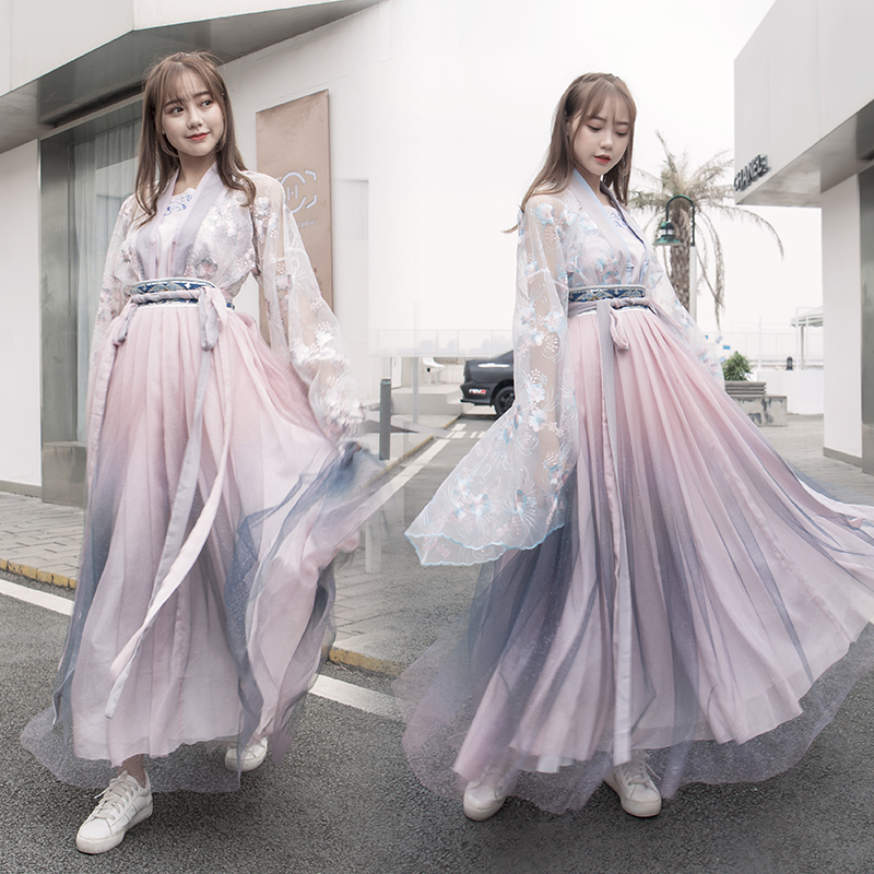 2021 New Hanfu female Chinese style student costume Autumn Fairy Cherry Blossom Super fairy gradient wide sleeve flow fairy skirt autumn