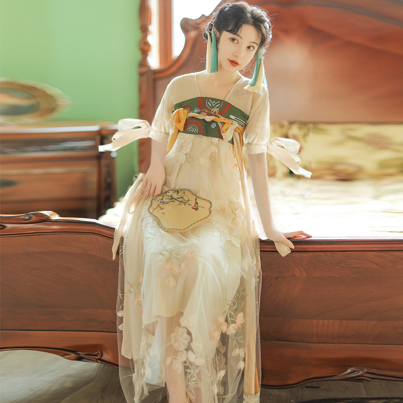 Petite Women's Hanfu Summer Short-Sleeved Fairy-Like Ancient-Style Dress with Chinese Elements, Improved Chest-Length Skirt, Thin