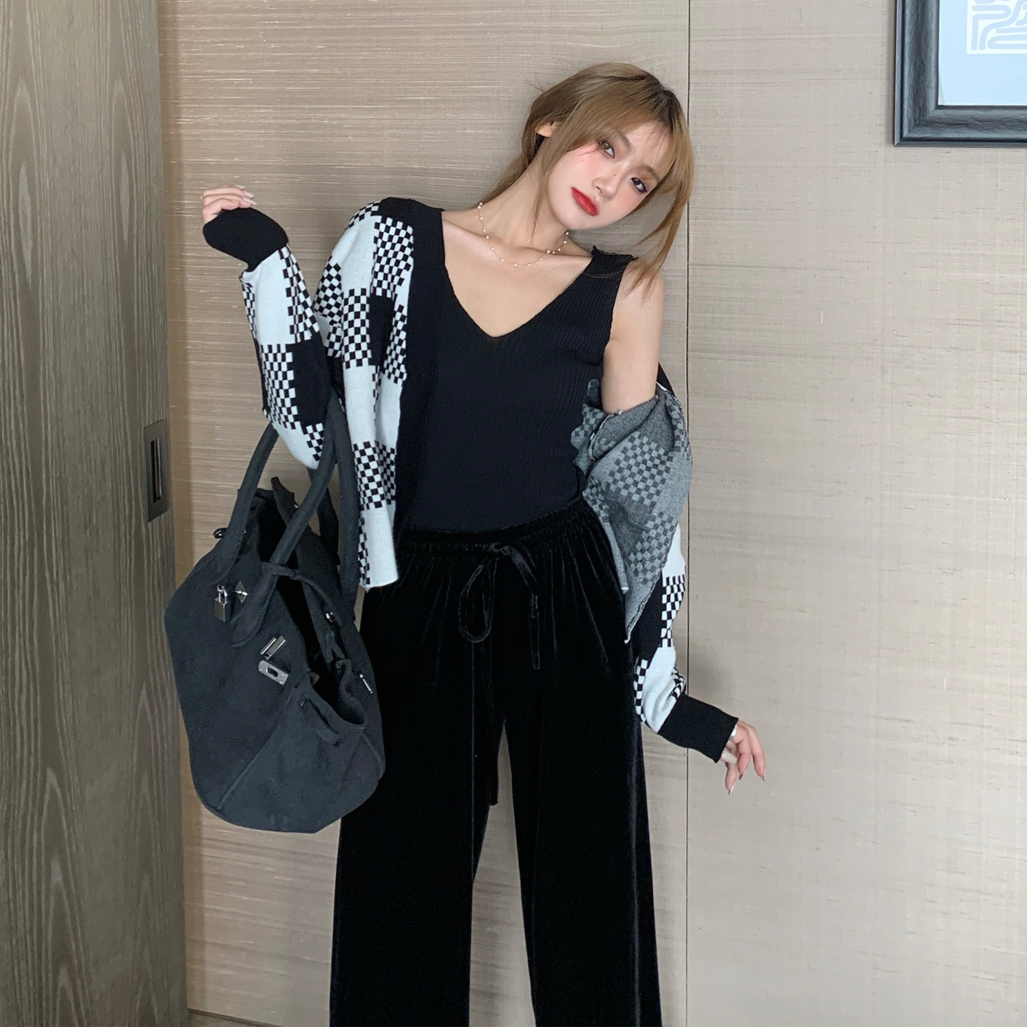 Real price knitting black and white plaid cardigan coat women + Black Vest + velvet Wide Leg Pants Set