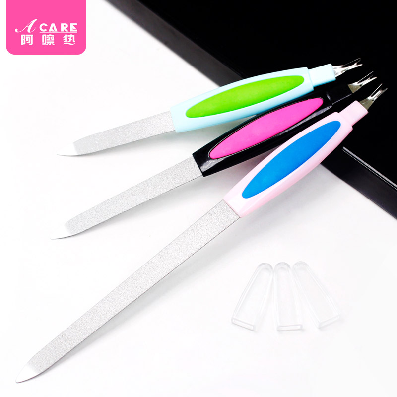 Stainless steel nail file two-in-one cover with double-sided polishing nails to remove dead skin fork barb polishing strip nail tool