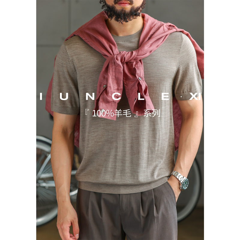 Iunclexi/Xi Shu [100% Wool] 48-Count Fine-Spun Merino Wool Comfortable Round-Neck Knitted Short-Sleeve T-Shirt for Men
