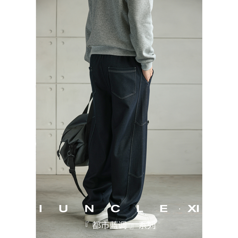 Iunclexi【Urban Blues】Denim Original Color Scimitar Jeans Men's Elastic Waist Drawstring Loose Long Pants