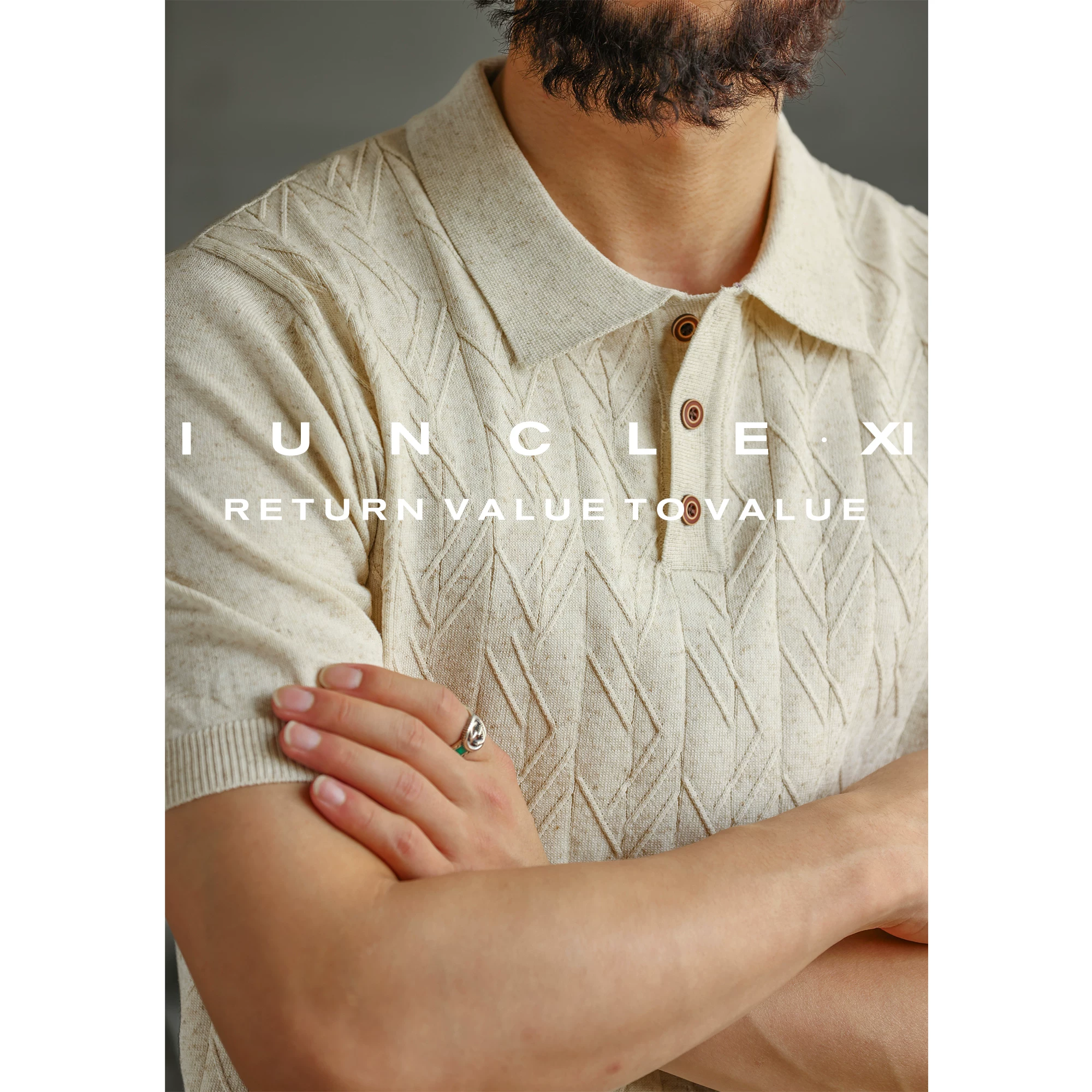 IUNCLEXI [Tencel Linen] старая монета твилл жаккардовая текстура короткие рукава POLO рубашка мужская комфортная трикотажная футболка