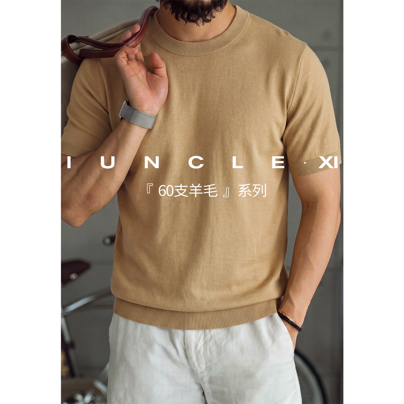 Iunclexi/Xishu【100% Wool】60-Count Pure Wool 16-Gauge Crew Neck Short-Sleeve T-Shirt Men's Knitwear