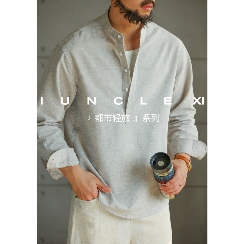 Iunclexi【Machine Washable Linen】Lightweight Old Money Henry Collar Long Sleeve Shirt Men's Pullover Stand Collar Button Shirt