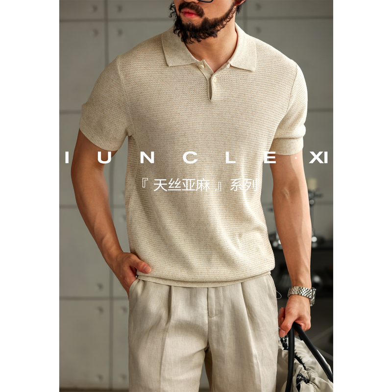 Iunclexi/Xishu【Tencel Linen】Old Money T-Neck Concealed Placket Floral Short Sleeve Polo Shirt Men's Knitwear Iunclexi/Xishu【Tencel Linen】Old Money T-Neck Concealed Placket Floral Short Sleeve Polo Shirt Men's Knitwear