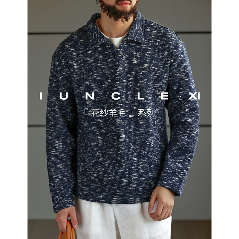 Iunclexi/Xishu【Floral Wool】430G Heavyweight Lapel Knit Sweater for Men, Autumn and Winter Warm Top