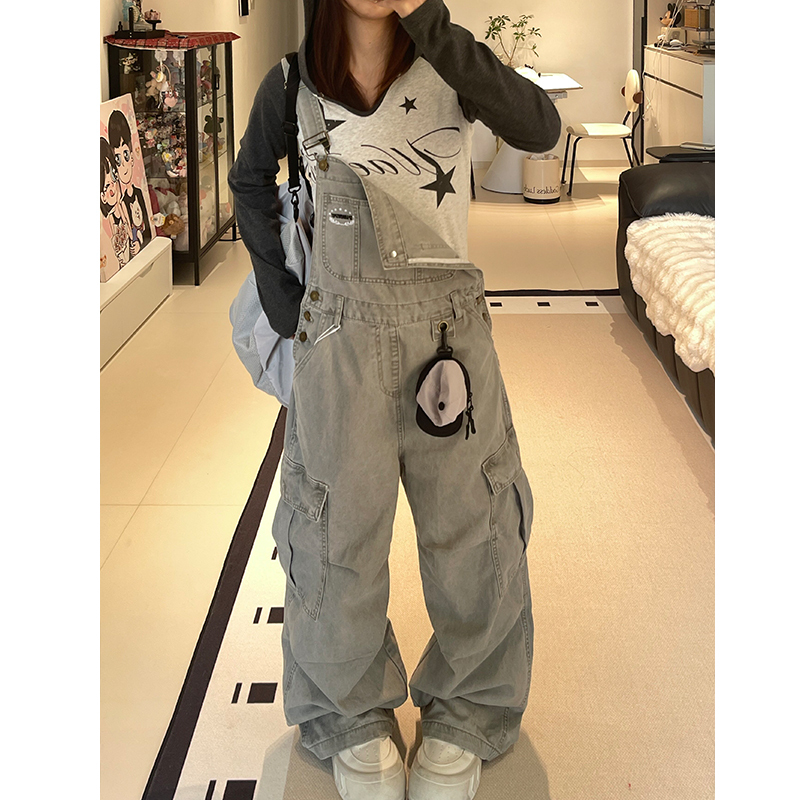 American Retro Workwear Overalls for Women, Spring and Summer, Washed, Multi-Pocket, Wide-Leg, Casual, Trendy, Versatile Jumpsuit
