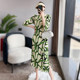 Pleated printed wooden ear dress spring new Miyake three-quarter sleeves age-reducing green skirt mid-length high-end
