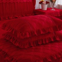 Autumn and winter thickened padded cotton single pillowcase wedding lace lace wedding big red pillowcase 2 pairs