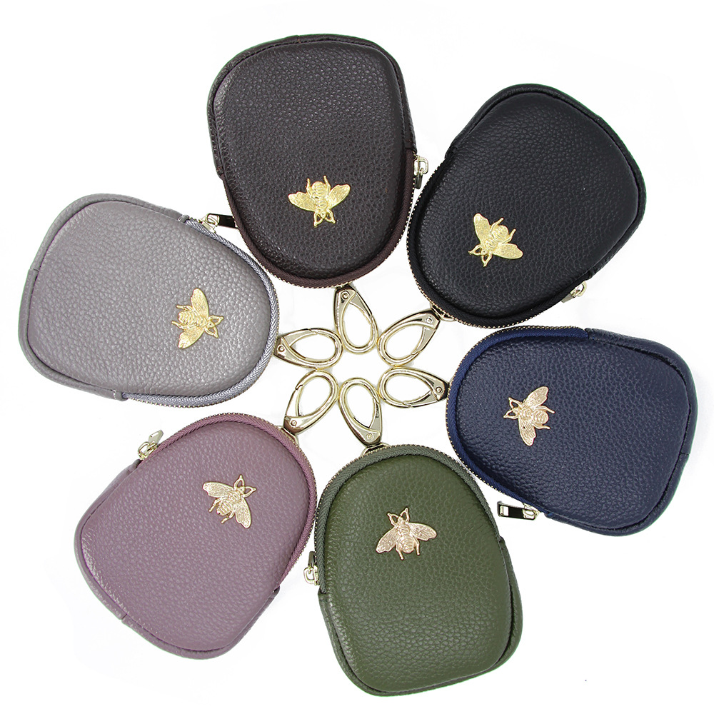 Top Layer Cowhide Little Bee Ladies Zipper Leather Coin Purse Genuine Leather Car Key Ring Bag Mini Coin Purse