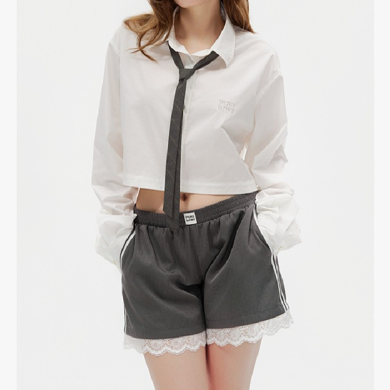 American Lace Splicing Lace Shorts for Women Summer Niche Pleated Design Home Simple Casual Wide-Leg Sweatpants