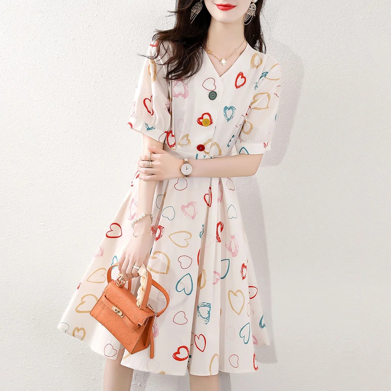 Summer Plus Size 150kg Mid-Length Dress New Korean Style Super Fairy-Like Simple Heart Print Age-Reducing Trendy Dress Summer Plus Size 150kg Mid-Length Dress New Korean Style Super Fairy-Like Simple Heart Print Age-Reducing Trendy Dress