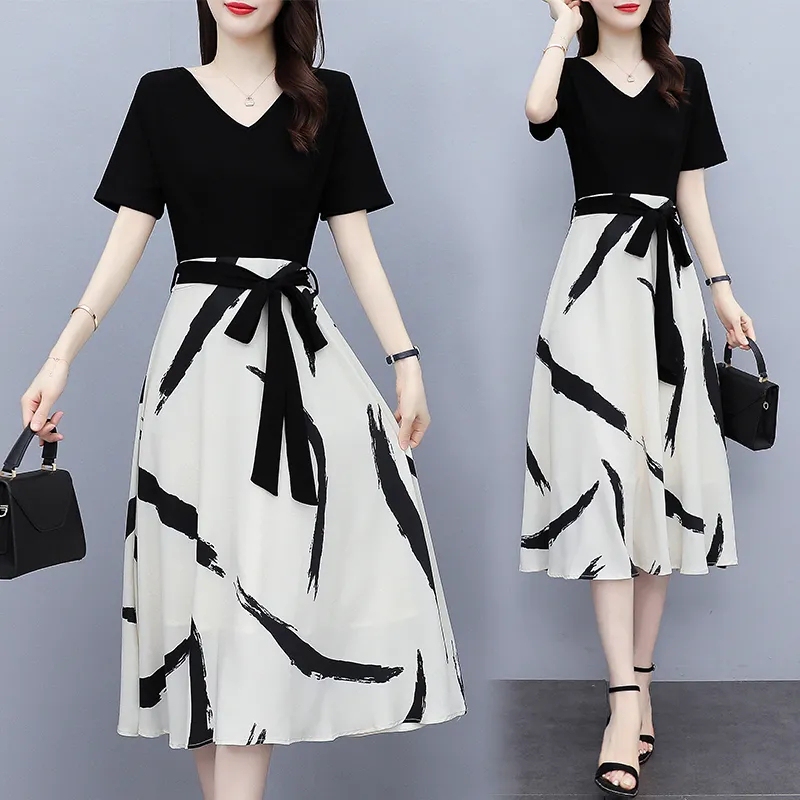 Plus-Size Women's Dress 2025 Summer New Style Elegant Waist-Cinching Slimming Mid-Length Dress That Covers the Body