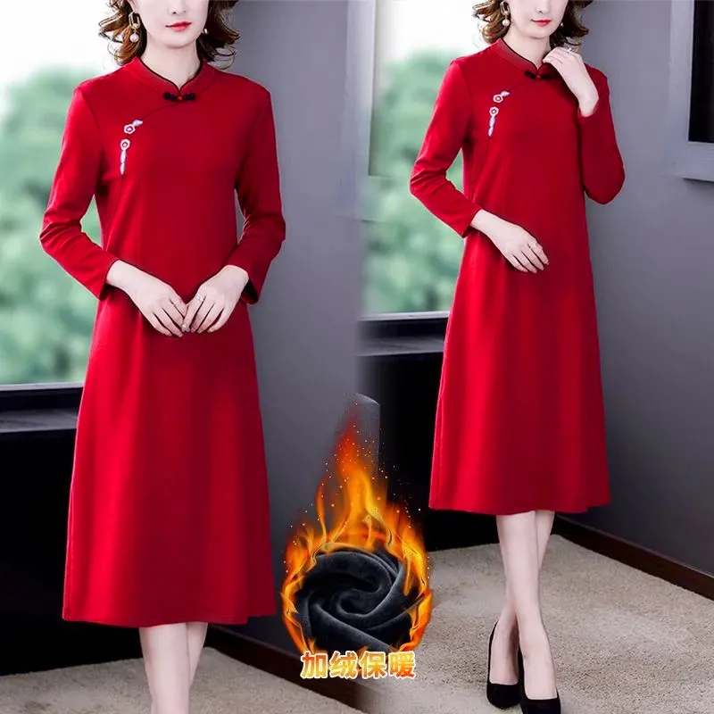 Improved Cheongsam Retro 150kg Plus Size Women's Mid-Length Dress New Spring, Autumn and Winter Loose Bottoming Dress