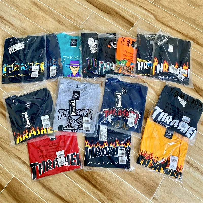 [Супер скидка на распродажу] Американская версия ThRASHER flame basic letter certain laser rose коротким рукавом футболка