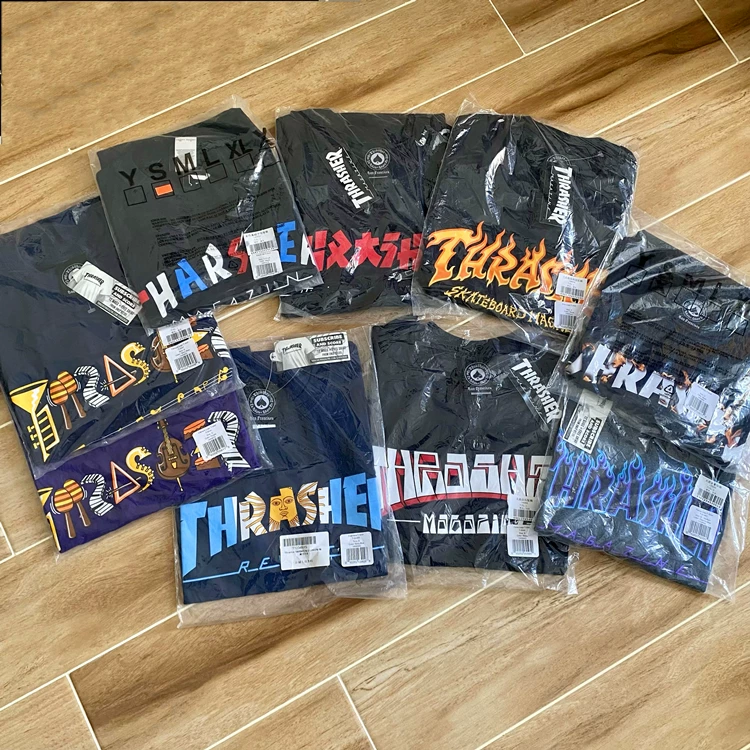 [Супер скидка на распродажу] Американская версия ThRASHER flame basic letter certain laser rose коротким рукавом футболка