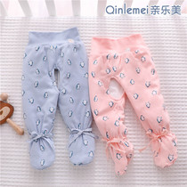 Newborn baby autumn winter warm and high waist protector with underfoot cotton pants to wear beginner baby plus cotton open-stall long pants