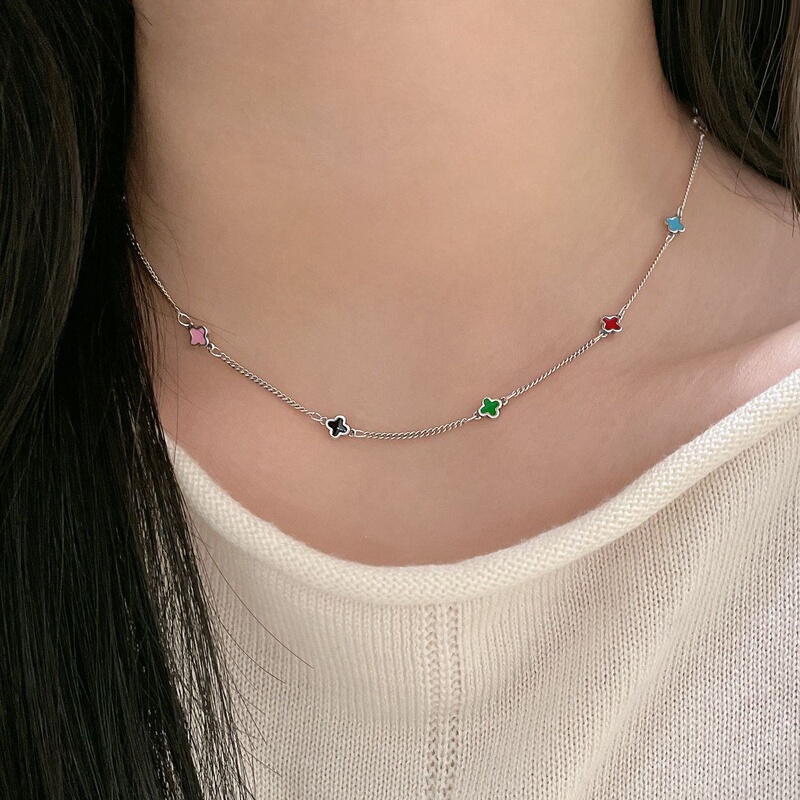 S925 Sterling Silver Lucky Four-Leaf Clover Necklace Summer Colorful Enamel Dopamine ins Versatile Collarbone Chain