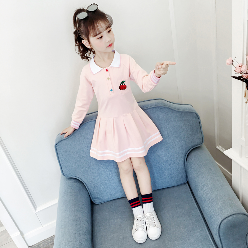 Girls' preppy dress long-sleeved autumn foreign style lapel polo shirt skirt children's pure cotton spring and autumn princess skirt