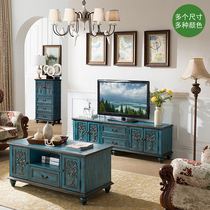 Red Wood Color TV Cabinet Tea Table Group Small Family Style Solid Wood Mediterranean Blue Audiovisual Cabinet Black Retro White Ground Cabinet