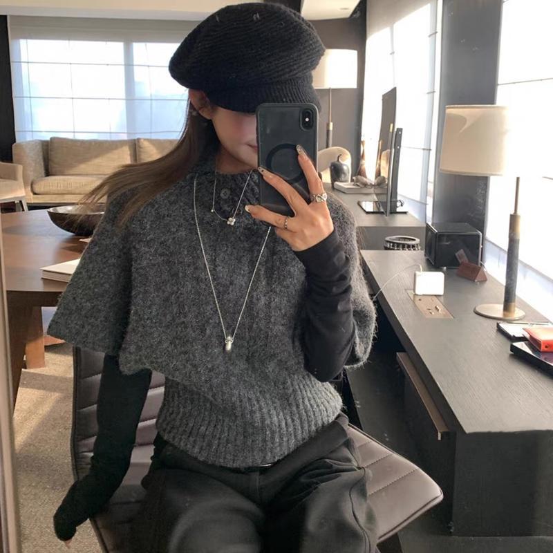 Korean-Style Small Cape Mid-Sleeve Waist-Cinching Sweater Design Knitwear Sweater for Spring, Autumn, and Winter Versatile Lazy Style Pullover Top