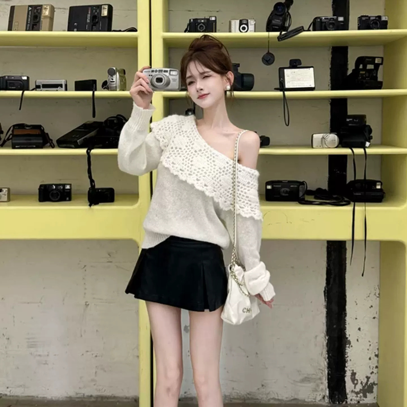 Gorgeous French-Style Hollow-Out White Off-Shoulder Sweater for Women, Loose and Lazy Style, Autumn and Winter Knit Top