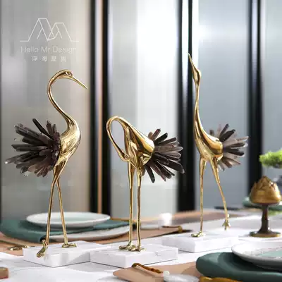 New Chinese light luxury crystal Crane Copper decoration European modern living room home metal decoration model room jewelry