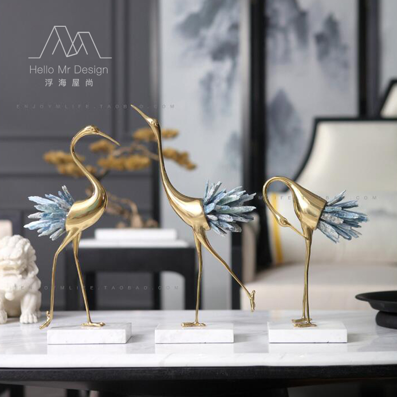 New Chinese Crystal Fairy Crane Bronze Pendulum Decorated With Light Lavish Style Modern Living Room Home Metal Adornment Accessories Room Ornament