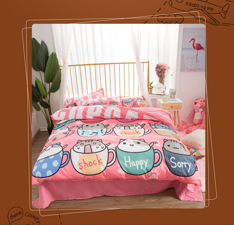 Chải gia đình cartoon bốn ba giường ký túc xá 1.8m dễ thương mèo chăn chăn đơn bìa mùa xuân và mùa hè - Bộ đồ giường bốn mảnh chăn ra gối nệm cao cấp