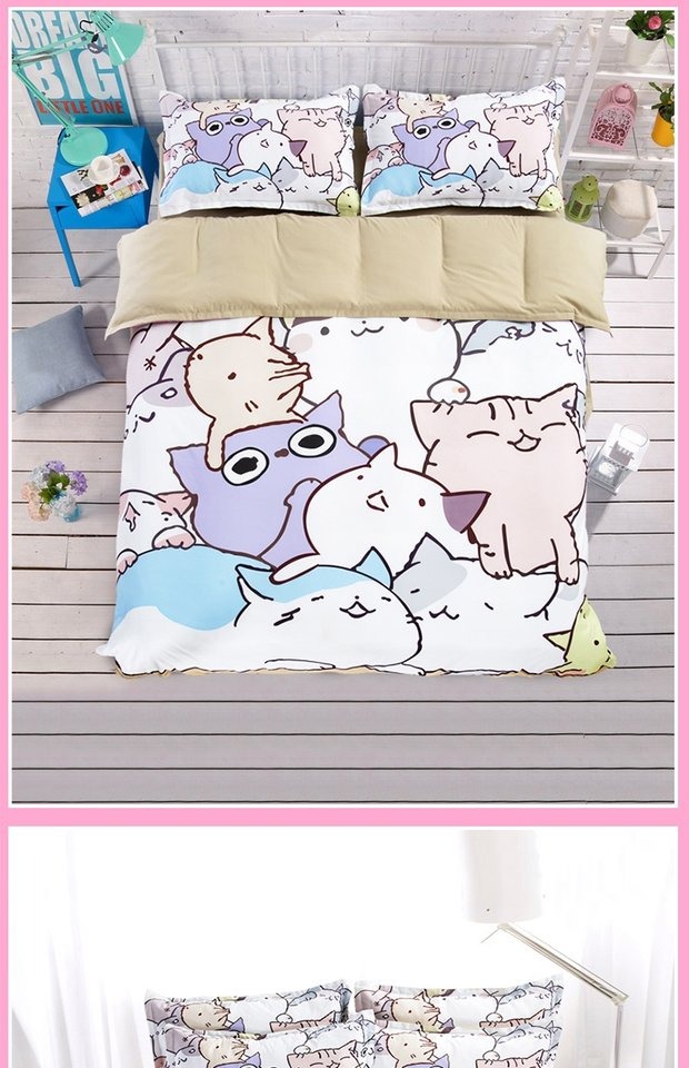 Mèo dễ thương phim hoạt hình gia đình bốn 1,5m tấm giường chà nhám áp dụng doanh nghiệp giường ký túc xá Single Suite - Bộ đồ giường bốn mảnh chăn ga forever