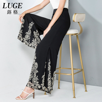Printed wide leg pants womens high waist drape summer thin chiffon pants skirt show slender long pants split straight wide leg pants