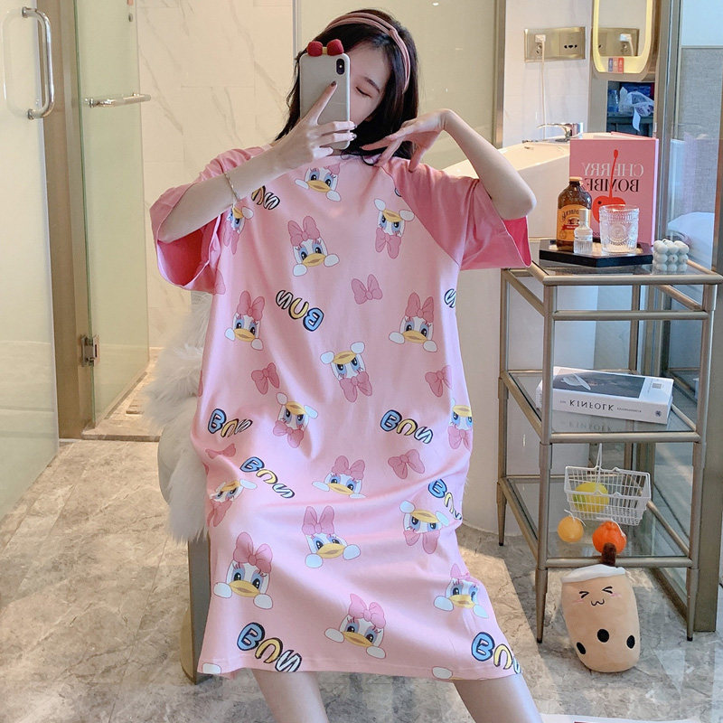 Summer cotton nightdress women short sleeve cute loose pregnant women fat mm plus size pajamas women summer thin student long skirt