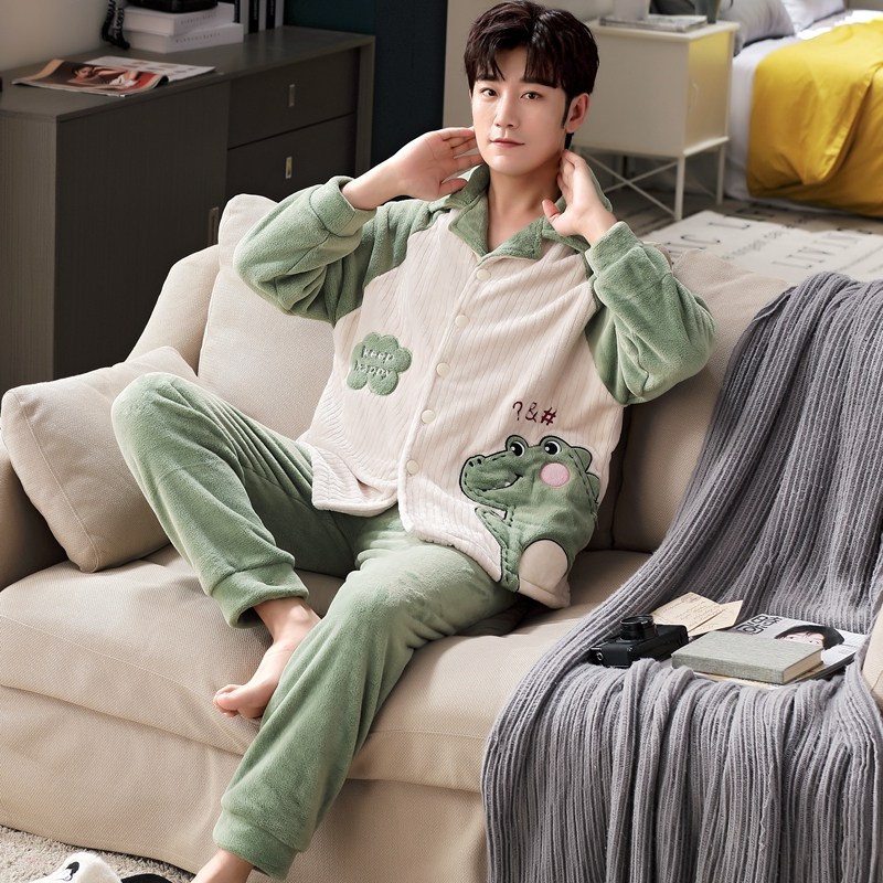 Dinosaur pyjamas men's autumn winter coral suede thickened flannel home in winter style suit big size 200 catty