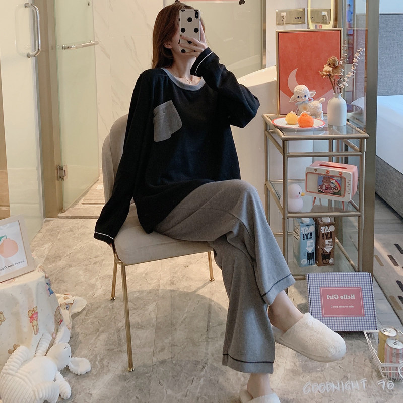 Net red pajamas female spring and autumn pure cotton long sleeve simple pure color outdoor wear loose whole cotton thin home suit