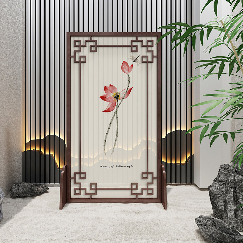 Screen Partition Living Room Solid Wood Modern Chinese Style Ink Lotus Xuanguan Brief About New Chinese Hollowed-out Seat Screen Small Family