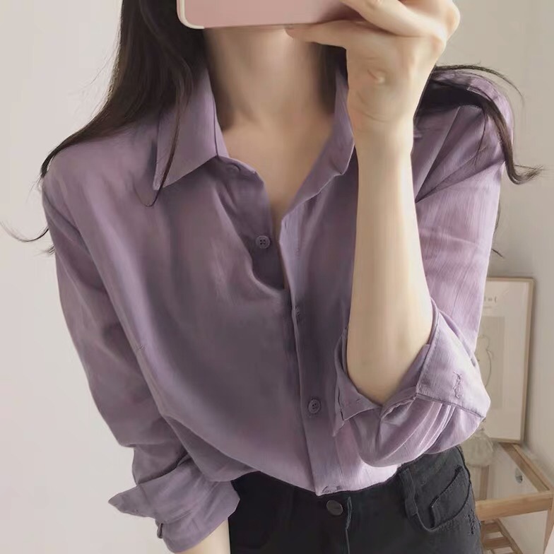 Spring and Autumn New Korean Style Gentle Purple Top Shirt Chic Long Sleeve Women's Fashionable Mature Style Loose Base Shirt Trendy