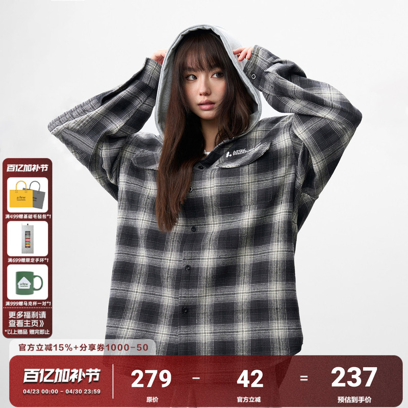 Afgk25Ss American Retro Plaid Hooded Long-Sleeved Shirt for Men and Women, Trendy Brand Spring and Autumn Jacket, Couple's Retro Shirt