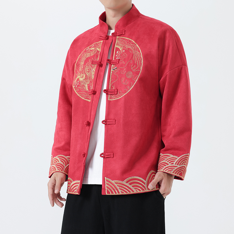 Autumn and Winter New Chinese-Style Red Tang Suit Men's Suede Jacket with Chinese-Style Gold Dragon Embroidery, Large Size Tea Suit Coat Autumn and Winter New Chinese-Style Red Tang Suit Men's Suede Jacket with Chinese-Style Gold Dragon Embroidery, Large Size Tea Suit Coat