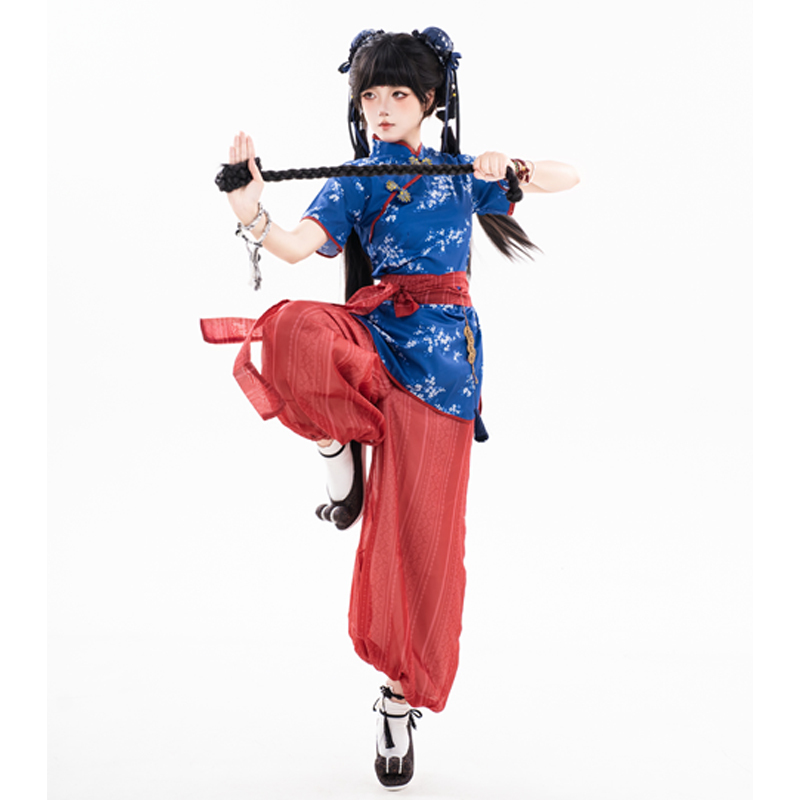 Hua Que Ge Original Chinese-Style Maiden Cosplay Little Cook Cheongsam Stand-Up Collar Cheongsam Set Martial Arts Style Lantern Pants Fairy-Like