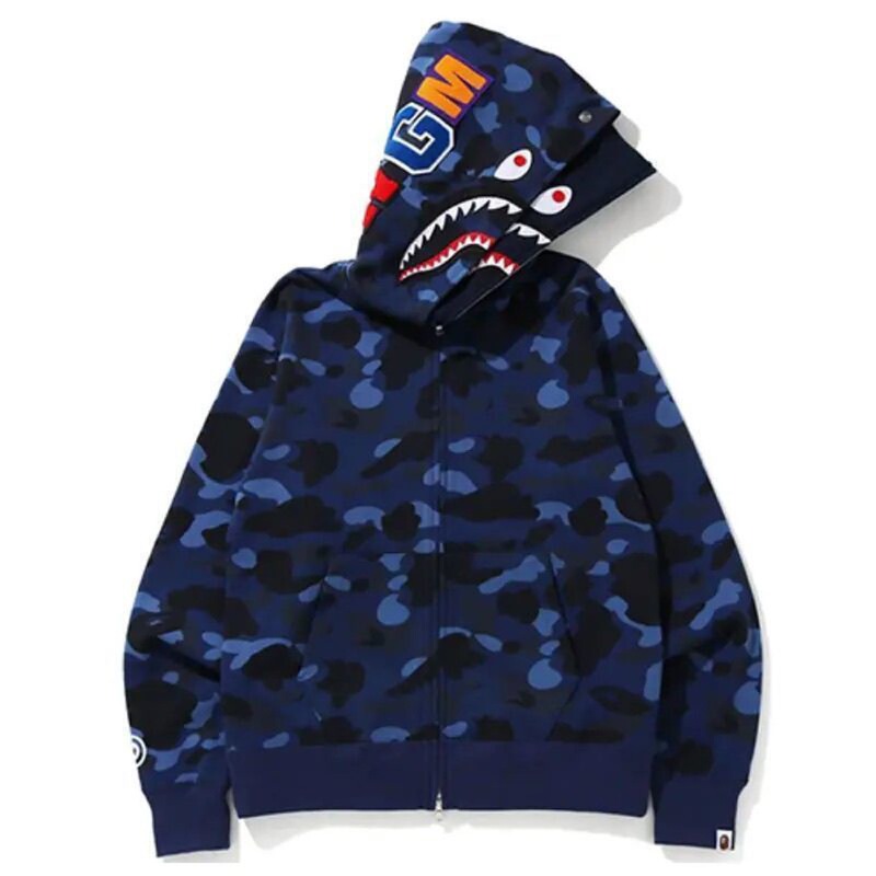 2026 Spring and Autumn American-Style Couple's Shark Double-Hood Camouflage Embroidered Fleece-Lined Hoodie, Fashionable and Loose-Fitting