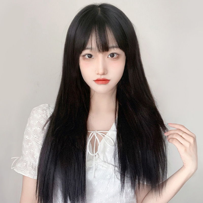 Wig female long hair round face natural air bangs wig set daily temperament net red black long straight hair full head cover type