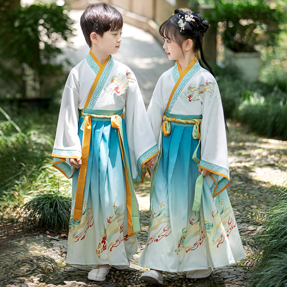 Hanfu 소년과 어린이의 전통 중국 교복 소녀 의상 공연 의상 초등학생 당나라 정장 삼자 경전 낭송 의상