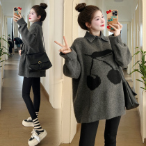 Maternity sweater autumn and winter new style loose fake two-piece top thickened outer wear foreign style sweater mid-length bottoming