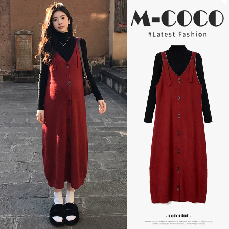 Maternity Dress Set Autumn/Winter 2026 New Style French-Style Outfit for Pregnant Moms, High-End Red Slip Dress Two-Piece Set