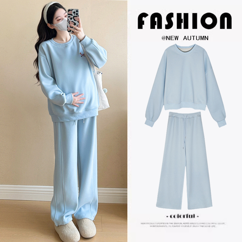 Maternity Suit, Winter Fleece-Lined, Thickened, Warm, Casual, Loose-Fitting, Round-Neck Sweatshirt, Petite Size, Spring and Autumn, Lazy Style, Two-Piece Set